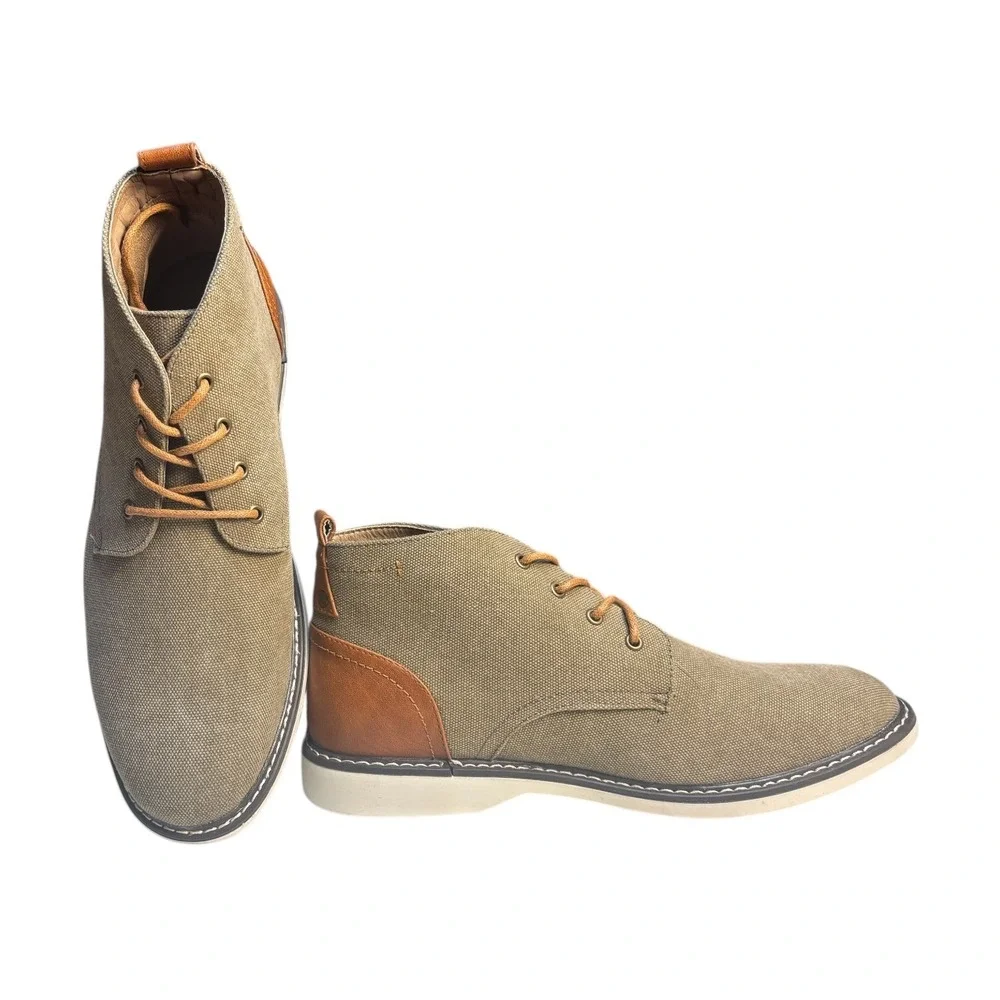 London Fog Canvas Chukka Ankle Desert Boots Shoes Tan Brown Leather Trim Men's 1